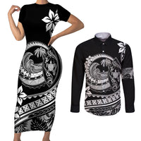 Polynesian Plumeria Couples Matching Short Sleeve Bodycon Dress and Long Sleeve Button Shirts Ride The Waves - Black LT7 - Wonder Print Shop