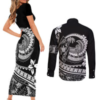 Polynesian Plumeria Couples Matching Short Sleeve Bodycon Dress and Long Sleeve Button Shirts Ride The Waves - Black LT7 - Wonder Print Shop