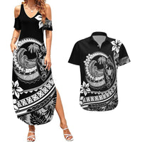 Polynesian Plumeria Couples Matching Summer Maxi Dress and Hawaiian Shirt Ride The Waves - Black LT7 - Wonder Print Shop