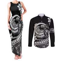 Polynesian Plumeria Couples Matching Tank Maxi Dress and Long Sleeve Button Shirts Ride The Waves - Black LT7 - Wonder Print Shop