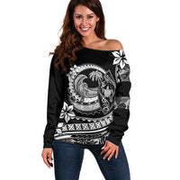 Polynesian Plumeria Off Shoulder Sweater Ride The Waves - Black - Wonder Print Shop