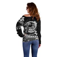 Polynesian Plumeria Off Shoulder Sweater Ride The Waves - Black - Wonder Print Shop