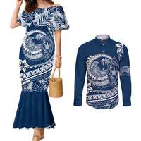 polynesian-plumeria-couples-matching-mermaid-dress-and-long-sleeve-button-shirts-ride-the-waves-navy-blue