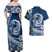 Polynesian Plumeria Couples Matching Off Shoulder Maxi Dress and Hawaiian Shirt Ride The Waves - Navy Blue LT7 - Wonder Print Shop