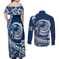 Polynesian Plumeria Couples Matching Off Shoulder Maxi Dress and Long Sleeve Button Shirts Ride The Waves - Navy Blue LT7 - Wonder Print Shop