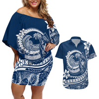 Polynesian Plumeria Couples Matching Off Shoulder Short Dress and Hawaiian Shirt Ride The Waves - Navy Blue LT7 - Wonder Print Shop
