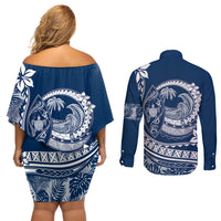 Polynesian Plumeria Couples Matching Off Shoulder Short Dress and Long Sleeve Button Shirts Ride The Waves - Navy Blue LT7 - Wonder Print Shop