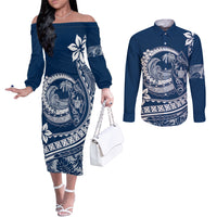 polynesian-plumeria-couples-matching-off-the-shoulder-long-sleeve-dress-and-long-sleeve-button-shirts-ride-the-waves-navy-blue