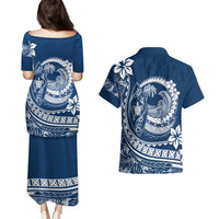 Polynesian Plumeria Couples Matching Puletasi Dress and Hawaiian Shirt Ride The Waves - Navy Blue LT7 - Wonder Print Shop