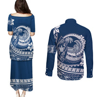 Polynesian Plumeria Couples Matching Puletasi Dress and Long Sleeve Button Shirts Ride The Waves - Navy Blue LT7 - Wonder Print Shop