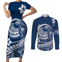 Polynesian Plumeria Couples Matching Short Sleeve Bodycon Dress and Long Sleeve Button Shirts Ride The Waves - Navy Blue LT7 - Wonder Print Shop