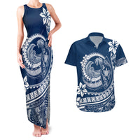 Polynesian Plumeria Couples Matching Tank Maxi Dress And Hawaiian Shirt Ride The Waves - Navy Blue LT7 - Wonder Print Shop
