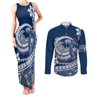 Polynesian Plumeria Couples Matching Tank Maxi Dress and Long Sleeve Button Shirts Ride The Waves - Navy Blue LT7 - Wonder Print Shop