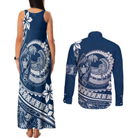 Polynesian Plumeria Couples Matching Tank Maxi Dress and Long Sleeve Button Shirts Ride The Waves - Navy Blue LT7 - Wonder Print Shop