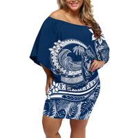 Polynesian Plumeria Off Shoulder Short Dress Ride The Waves - Navy Blue - Wonder Print Shop