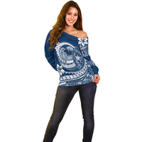 Polynesian Plumeria Off Shoulder Sweater Ride The Waves - Navy Blue - Wonder Print Shop
