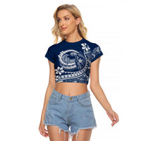 Polynesian Plumeria Raglan Cropped T Shirt Ride The Waves - Navy Blue - Wonder Print Shop
