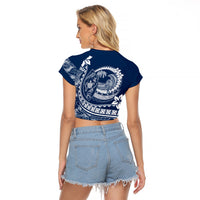 Polynesian Plumeria Raglan Cropped T Shirt Ride The Waves - Navy Blue - Wonder Print Shop