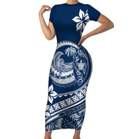 Polynesian Plumeria Short Sleeve Bodycon Dress Ride The Waves - Navy Blue - Wonder Print Shop