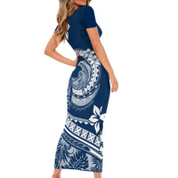 Polynesian Plumeria Short Sleeve Bodycon Dress Ride The Waves - Navy Blue - Wonder Print Shop