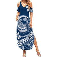 Polynesian Plumeria Summer Maxi Dress Ride The Waves - Navy Blue - Wonder Print Shop