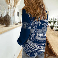 Polynesian Plumeria Women Casual Shirt Ride The Waves - Navy Blue - Wonder Print Shop