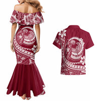 Polynesian Plumeria Couples Matching Mermaid Dress And Hawaiian Shirt Ride The Waves - Burgundy LT7 - Wonder Print Shop