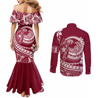 polynesian-plumeria-couples-matching-mermaid-dress-and-long-sleeve-button-shirts-ride-the-waves-burgundy
