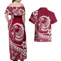 Polynesian Plumeria Couples Matching Off Shoulder Maxi Dress and Hawaiian Shirt Ride The Waves - Burgundy LT7 - Wonder Print Shop