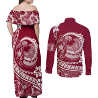 Polynesian Plumeria Couples Matching Off Shoulder Maxi Dress and Long Sleeve Button Shirts Ride The Waves - Burgundy LT7 - Wonder Print Shop