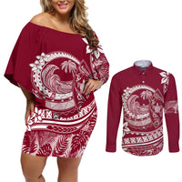 Polynesian Plumeria Couples Matching Off Shoulder Short Dress and Long Sleeve Button Shirts Ride The Waves - Burgundy LT7 - Wonder Print Shop
