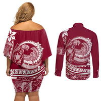 Polynesian Plumeria Couples Matching Off Shoulder Short Dress and Long Sleeve Button Shirts Ride The Waves - Burgundy LT7 - Wonder Print Shop