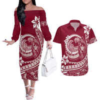 Polynesian Plumeria Couples Matching Off The Shoulder Long Sleeve Dress and Hawaiian Shirt Ride The Waves - Burgundy LT7 - Wonder Print Shop