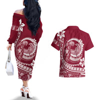 Polynesian Plumeria Couples Matching Off The Shoulder Long Sleeve Dress and Hawaiian Shirt Ride The Waves - Burgundy LT7 - Wonder Print Shop