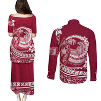 Polynesian Plumeria Couples Matching Puletasi Dress and Long Sleeve Button Shirts Ride The Waves - Burgundy LT7 - Wonder Print Shop
