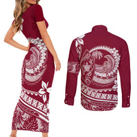 Polynesian Plumeria Couples Matching Short Sleeve Bodycon Dress and Long Sleeve Button Shirts Ride The Waves - Burgundy LT7 - Wonder Print Shop