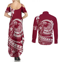 Polynesian Plumeria Couples Matching Summer Maxi Dress and Long Sleeve Button Shirts Ride The Waves - Burgundy LT7 - Wonder Print Shop