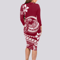 Polynesian Plumeria Long Sleeve Bodycon Dress Ride The Waves - Burgundy - Wonder Print Shop