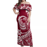 Polynesian Plumeria Off Shoulder Maxi Dress Ride The Waves - Burgundy - Wonder Print Shop