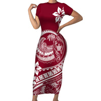 Polynesian Plumeria Short Sleeve Bodycon Dress Ride The Waves - Burgundy - Wonder Print Shop