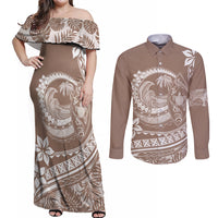 Polynesian Plumeria Couples Matching Off Shoulder Maxi Dress and Long Sleeve Button Shirts Ride The Waves - Beige LT7 - Wonder Print Shop