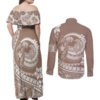 Polynesian Plumeria Couples Matching Off Shoulder Maxi Dress and Long Sleeve Button Shirts Ride The Waves - Beige LT7 - Wonder Print Shop