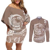 Polynesian Plumeria Couples Matching Off Shoulder Short Dress and Long Sleeve Button Shirts Ride The Waves - Beige LT7 - Wonder Print Shop