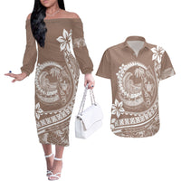 Polynesian Plumeria Couples Matching Off The Shoulder Long Sleeve Dress and Hawaiian Shirt Ride The Waves - Beige LT7 - Wonder Print Shop