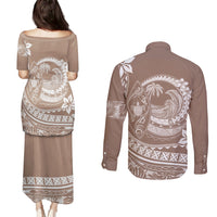 Polynesian Plumeria Couples Matching Puletasi Dress and Long Sleeve Button Shirts Ride The Waves - Beige LT7 - Wonder Print Shop