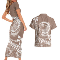 Polynesian Plumeria Couples Matching Short Sleeve Bodycon Dress and Hawaiian Shirt Ride The Waves - Beige LT7 - Wonder Print Shop