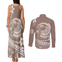 Polynesian Plumeria Couples Matching Tank Maxi Dress and Long Sleeve Button Shirts Ride The Waves - Beige LT7 - Wonder Print Shop