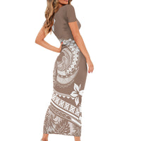 Polynesian Plumeria Short Sleeve Bodycon Dress Ride The Waves - Beige - Wonder Print Shop
