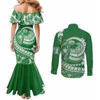 polynesian-plumeria-couples-matching-mermaid-dress-and-long-sleeve-button-shirts-ride-the-waves-green