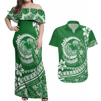 Polynesian Plumeria Couples Matching Off Shoulder Maxi Dress and Hawaiian Shirt Ride The Waves - Green LT7 - Wonder Print Shop